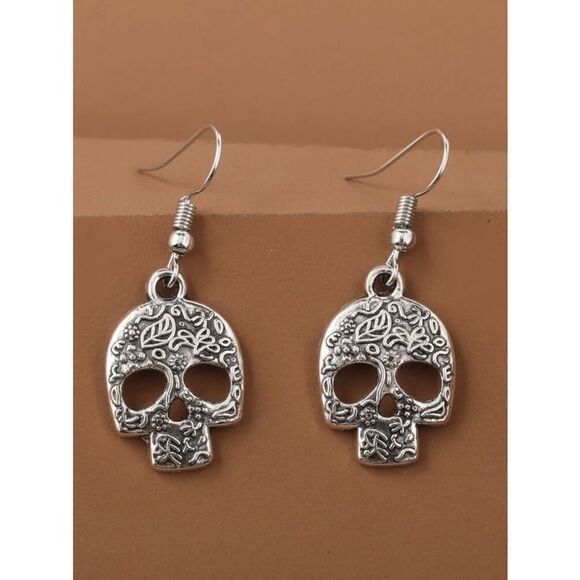 Silver Skull Etched Drop Earrings - Picture 2 of 5